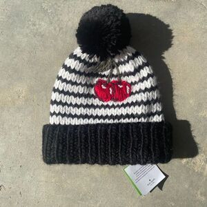 Kate spade wool blend black and white striped handknit cherry beanie hat